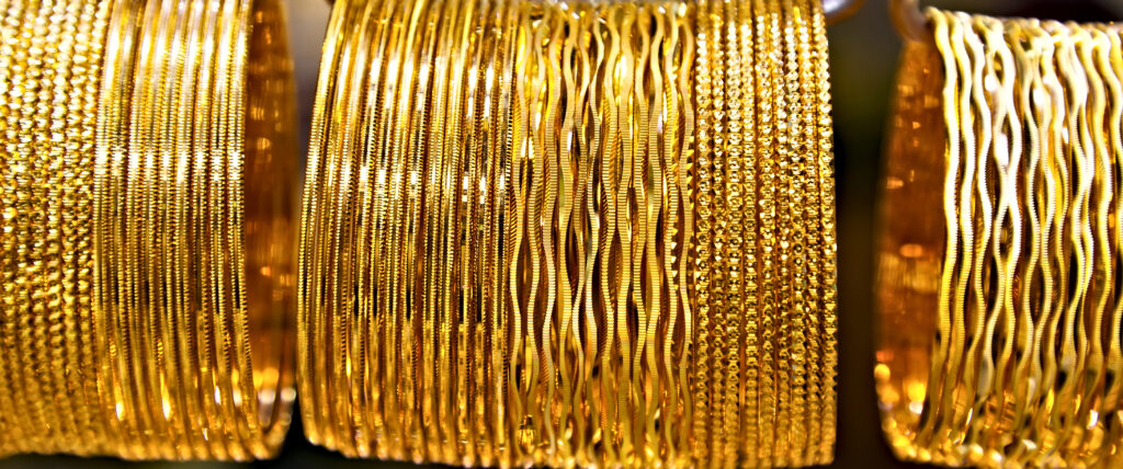 Gold jewelry. display in gold market famous "Golden souk" in Dubai UAE.