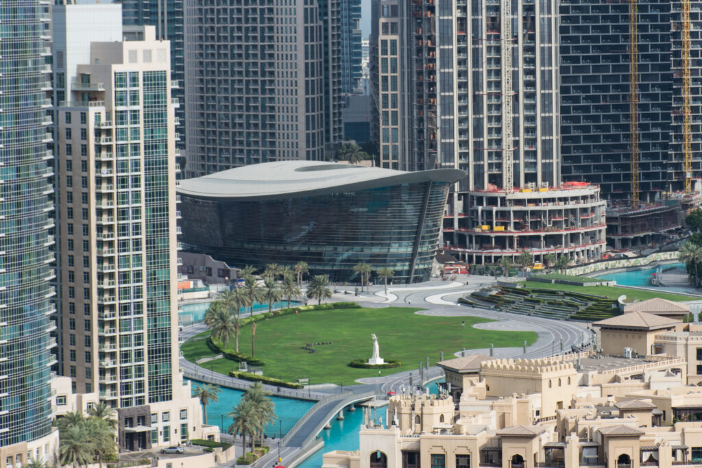 "Dubai, Dubai/UAE" Dubai Opera house, the luxury performing arts center in downtown near Dubai mall and Burj Khalifa for middle east culture and architecture"